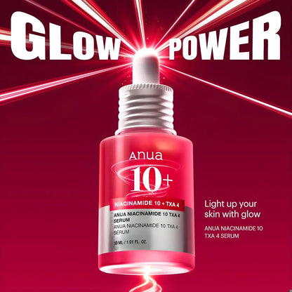 A sleek red glass bottle of anua niacinamide 10 plus txa 4 serum for dark spots with tranexamic acid korean skincare south