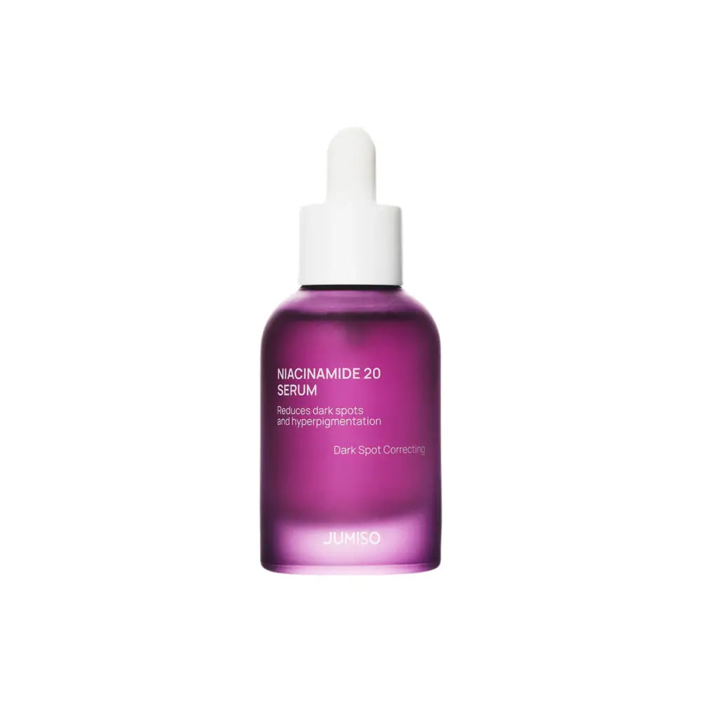 A sleek translucent purple glass bottle with white dropper cap for jumiso niacinamide 20 serum 40ml targeting excess sebum