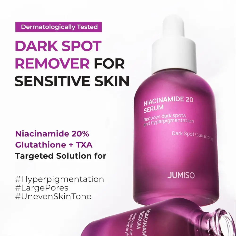 A sleek translucent purple glass bottle of jumiso niacinamide 20% serum 40ml with white dropper cap for excess sebum control