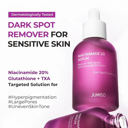 A sleek translucent purple glass bottle of jumiso niacinamide 20% serum 40ml with white dropper cap for excess sebum control