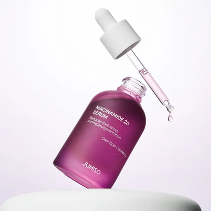 A sleek translucent purple glass bottle of jumiso niacinamide 20 serum 40ml with white dropper cap for excess sebum control