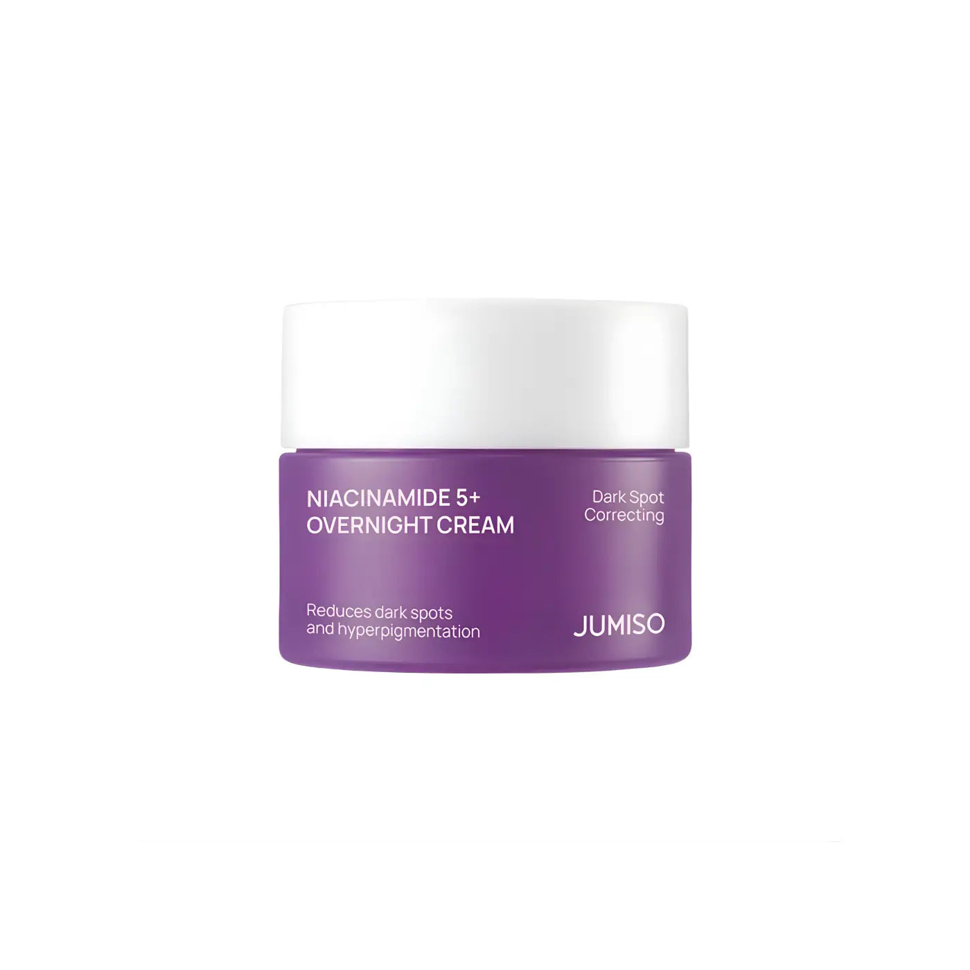 Purple jumiso niacinamide overnight cream 50ml jar with white lid targets dark spots for nighttime use