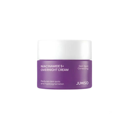 Purple jumiso niacinamide overnight cream 50ml jar with white lid targets dark spots for nighttime use