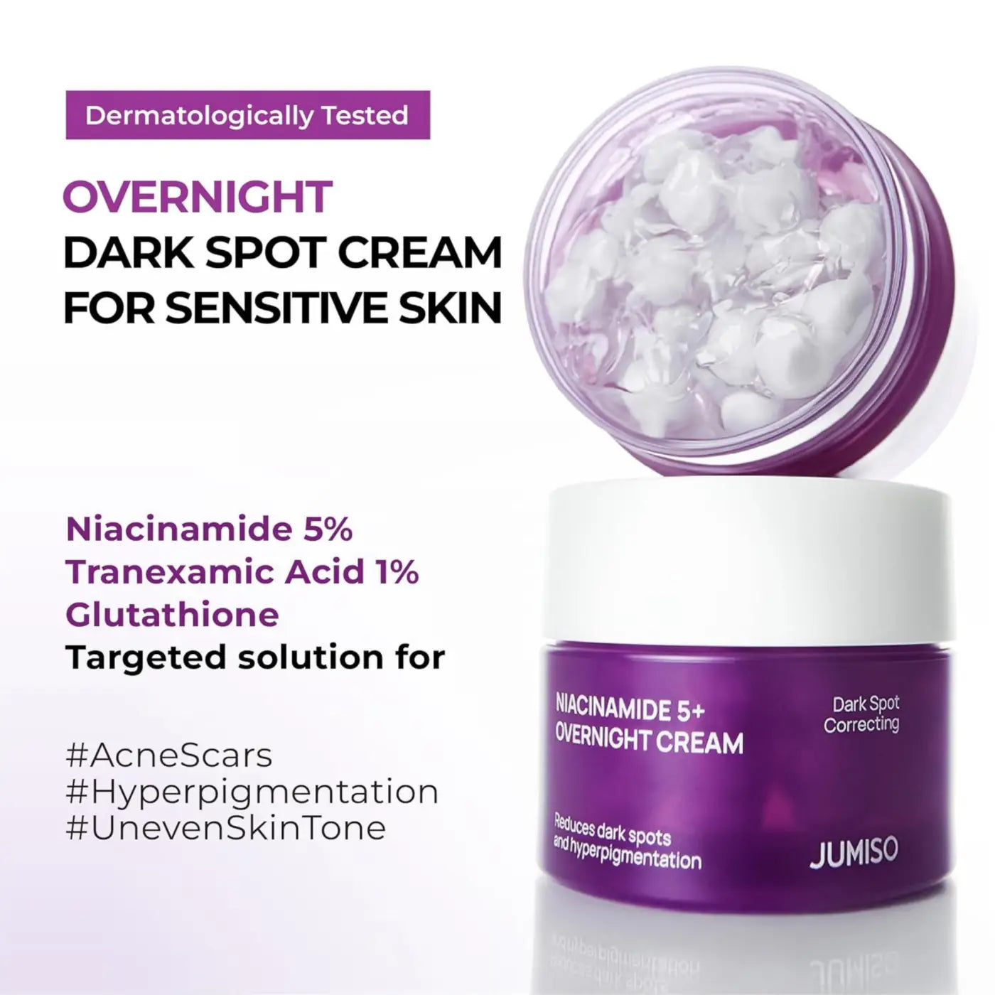 Purple jumiso niacinamide overnight cream 50ml jar with white lid containing translucent formula that targets dark spots