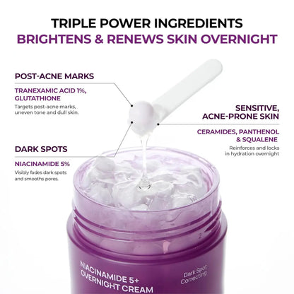 Purple jar of jumiso niacinamide 5 plus overnight cream 50ml with white applicator spoon dripping gel targets dark spots