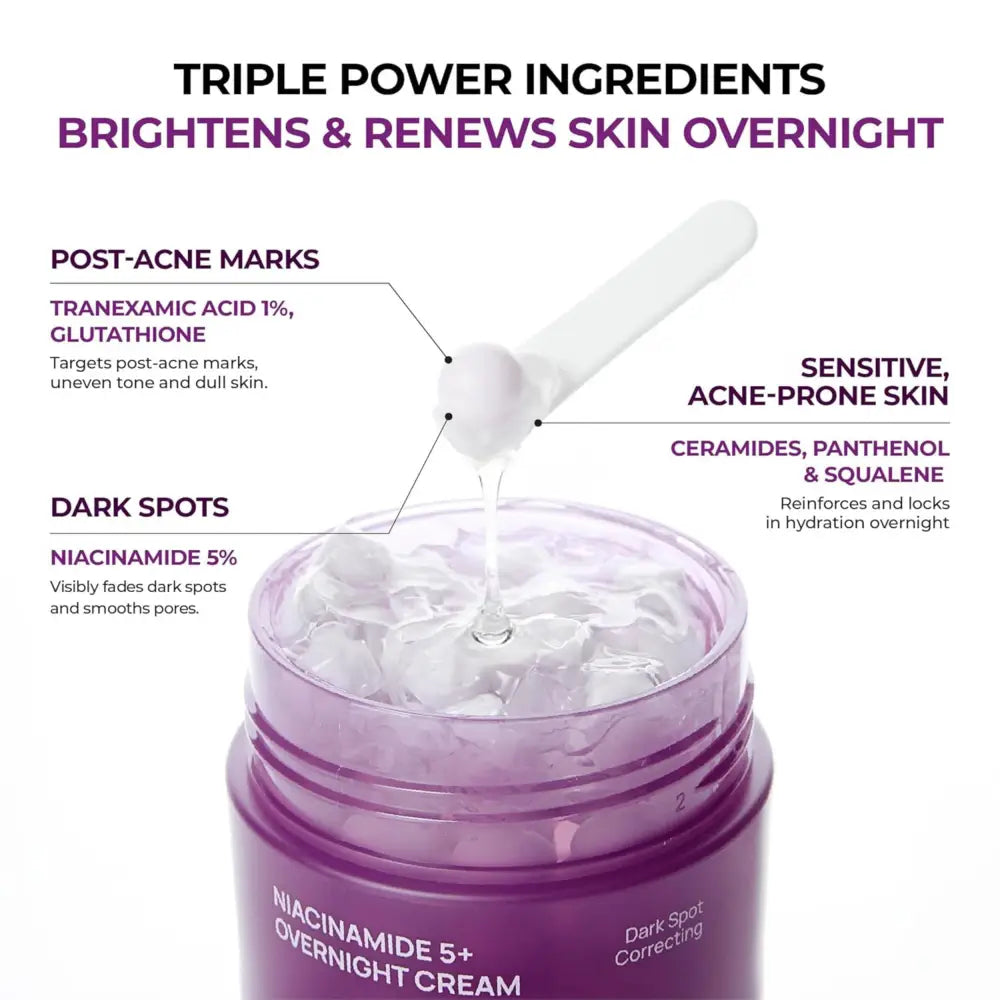 Purple jar of jumiso niacinamide overnight cream 50ml with white applicator spoon dripping gel targets dark spots