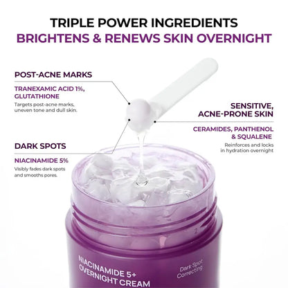 Purple jar of jumiso niacinamide overnight cream 50ml with white applicator spoon dripping gel targets dark spots
