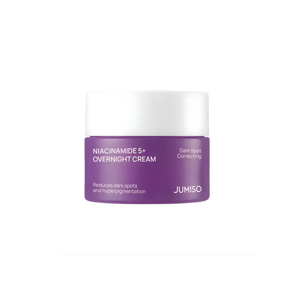 Purple jumiso niacinamide overnight cream 50ml jar with white lid targets dark spots for nighttime use