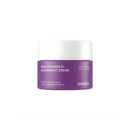 Purple jumiso niacinamide overnight cream 50ml jar with white lid targets dark spots for nighttime use