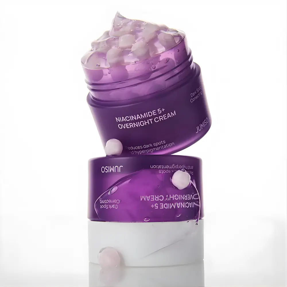 Purple jumiso niacinamide overnight cream 50ml jars with translucent gel containing white beads targets dark spots