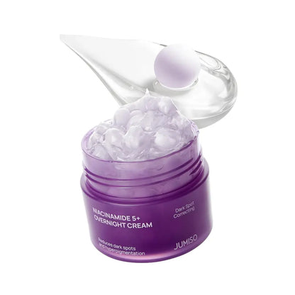 Purple jumiso niacinamide overnight cream 50ml jar with translucent gel and clear spoon targets dark spots effectively