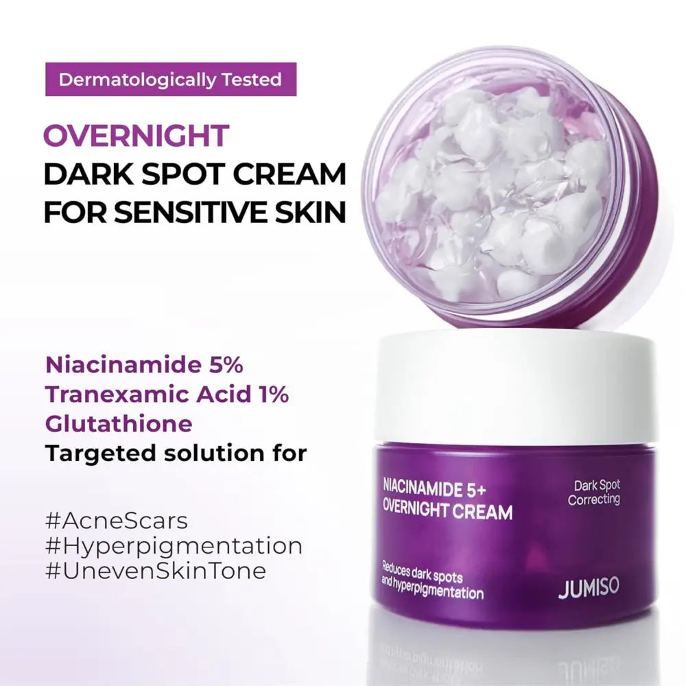 Purple jumiso niacinamide overnight cream 50ml jar with white lid containing translucent cream targets dark spots