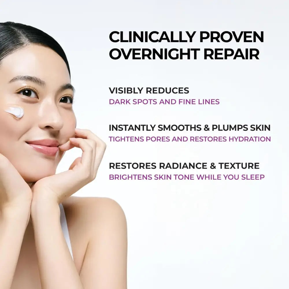 A white creamy niacinamide 5+ overnight cream 50ml applied under a woman’s left eye targeting dark spots