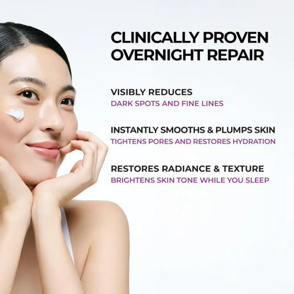 A white creamy niacinamide 5+ overnight cream 50ml applied under a woman’s left eye targeting dark spots
