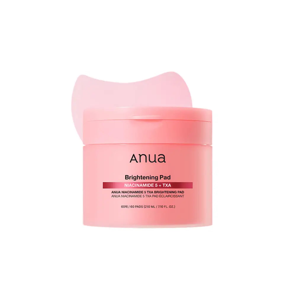 Pink anua niacinamide 5 TXA brightening toner pads container with matching lid and soft cat-ear applicator for authentic k-beauty
