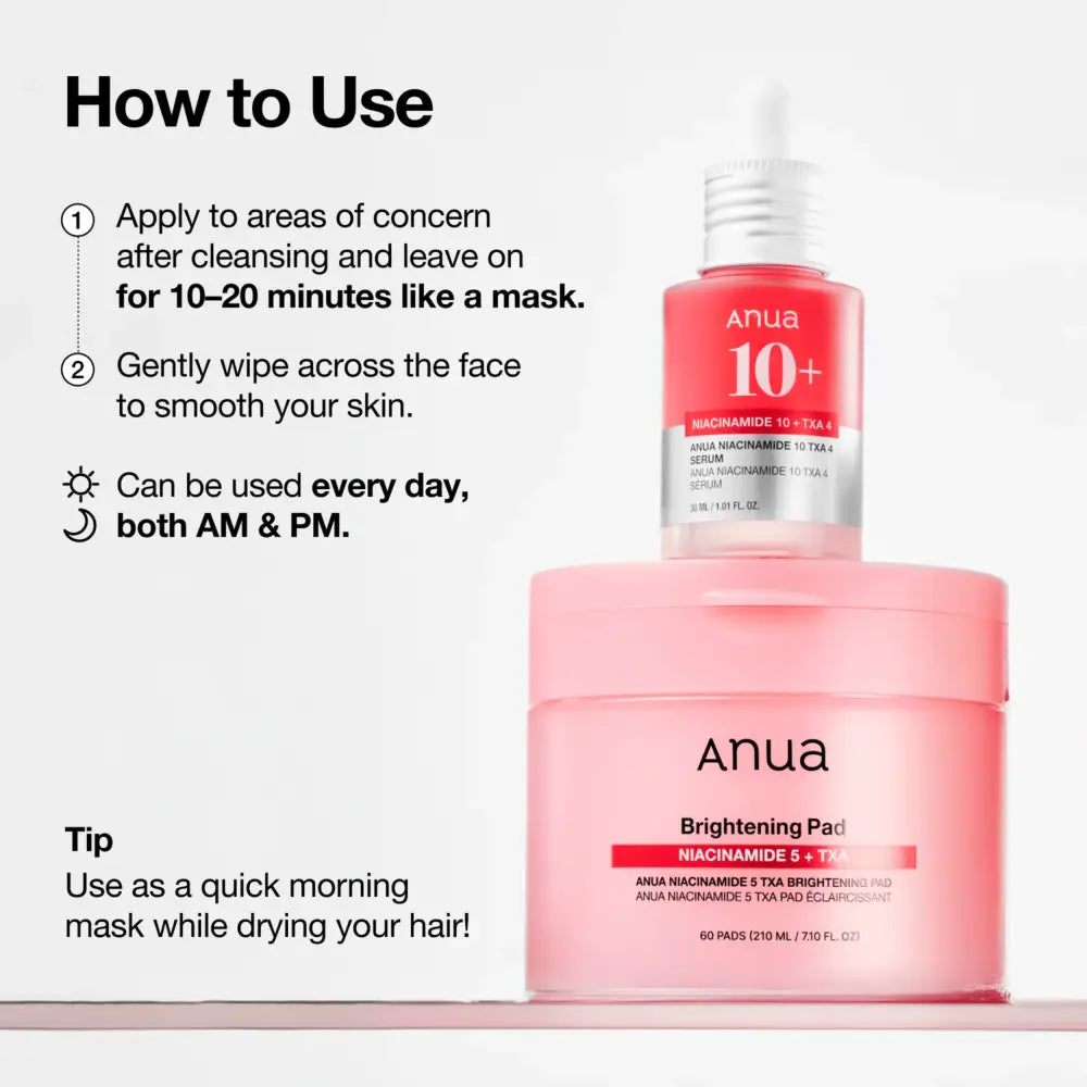 Pink anua niacinamide 5 txa brightening toner pads container with matching pink serum bottle for authentic k beauty south africa