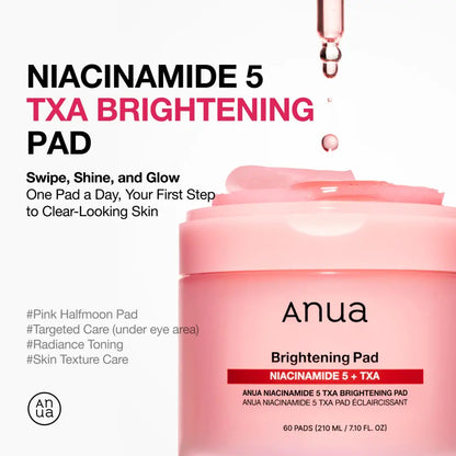 Pink cylindrical container of anua niacinamide 5 txa brightening toner pads with matching lid and dropper for authentic k-beauty