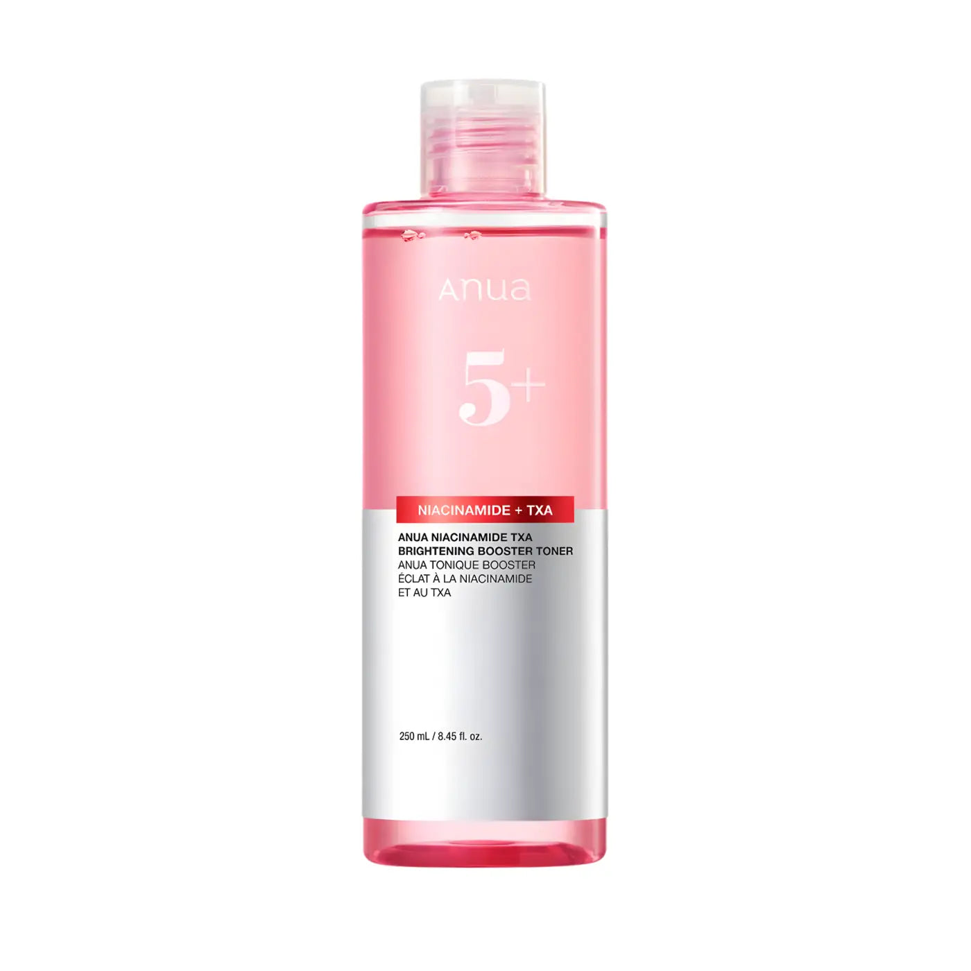 A clear glass bottle with pink liquid niacinamide txa brightening booster toner with transparent cap and silver label