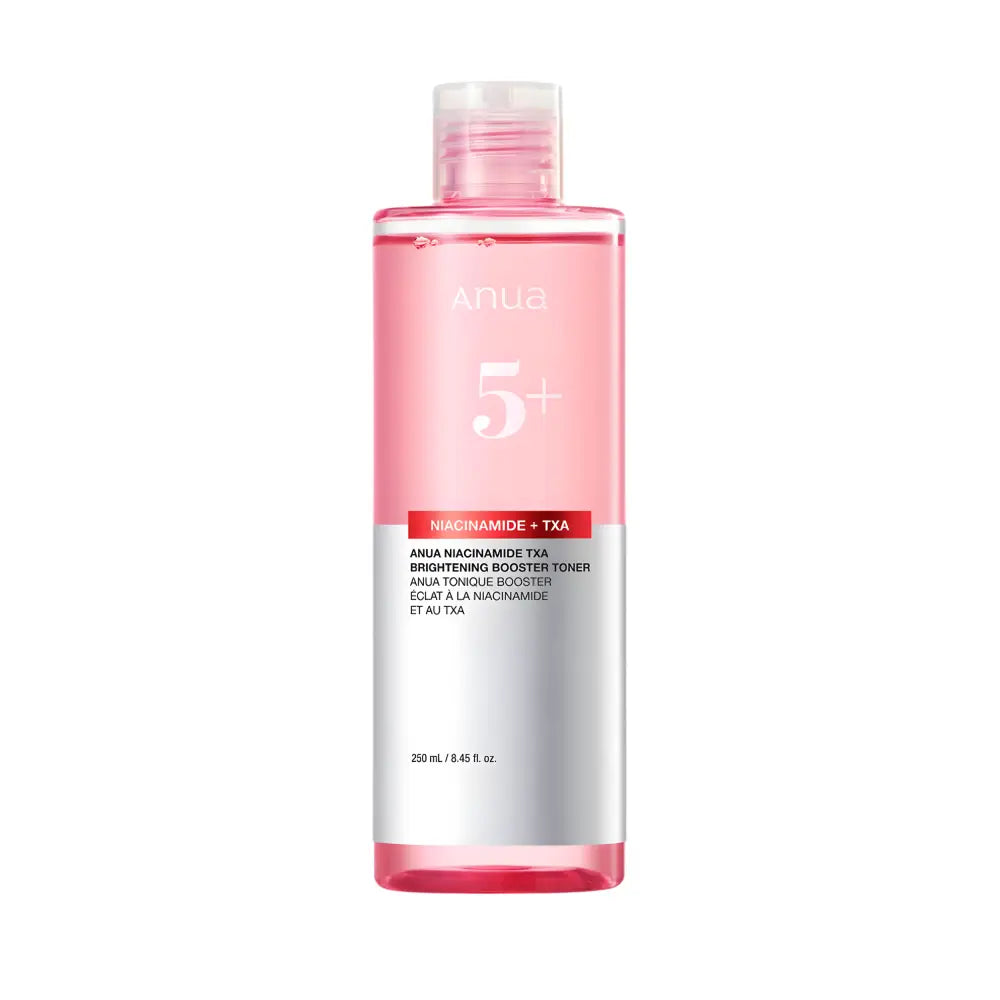 A clear glass bottle with pink niacinamide txa brightening liquid labeled anua 5+ brightening booster toner 250ml