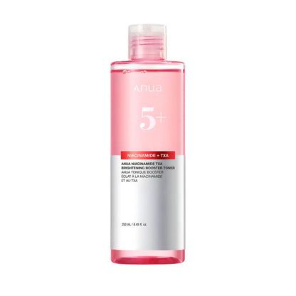 A clear glass bottle with pink niacinamide txa brightening liquid labeled anua 5+ brightening booster toner 250ml