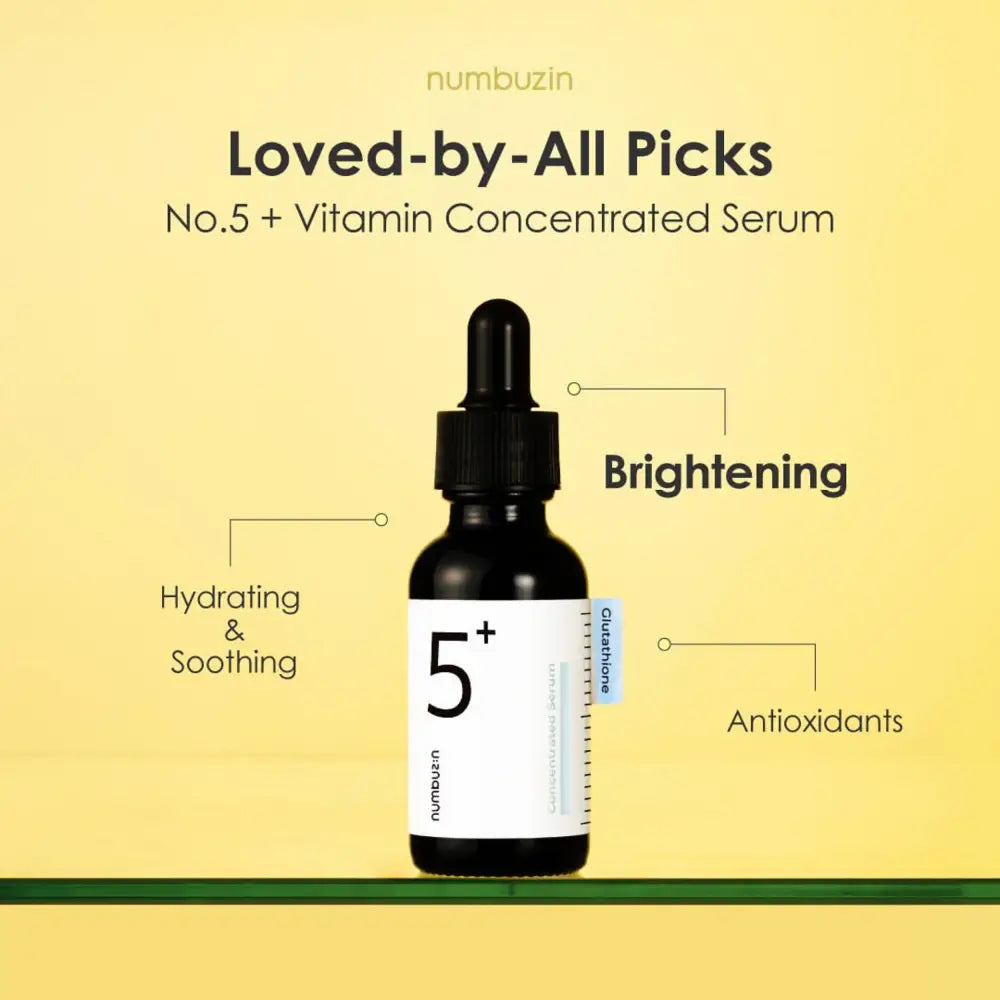 Black glass bottle with white label and black dropper cap featuring numbuzin no5 plus glutathione vitamin concentrated serum for dark spots 30ml