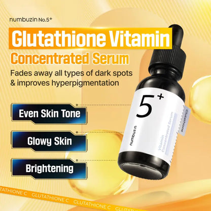 Black glass bottle with white label and black dropper cap of numbuzin no.5 plus glutathione vitamin concentrated serum for dark spots