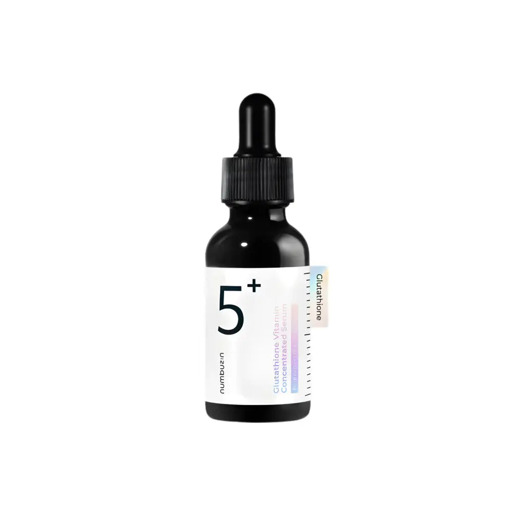 Black glass dropper bottle with white label showing numbuser no.5 plus glutathione vitamin concentrated serum for dark spots 30ml