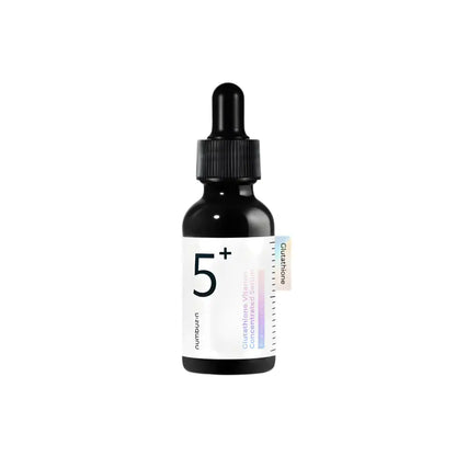 Black glass dropper bottle with white label showing numbuser no.5 plus glutathione vitamin concentrated serum for dark spots 30ml