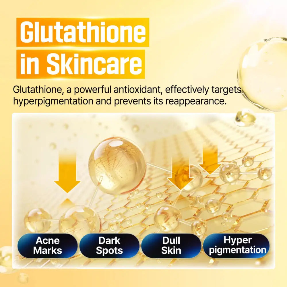 Golden liquid droplets illustrate glutathione vitamin concentrated serum no.5 plus targeting dark spots in skincare