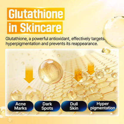 Golden liquid droplets illustrate glutathione vitamin concentrated serum no.5 plus targeting dark spots in skincare