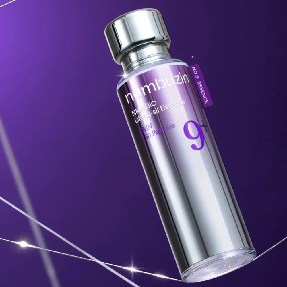 Silver-tinted glass bottle with metallic cap and purple label of numbuzin no9 nad plus bio lifting-sil essence for authentic k-beauty and korean skincare south africa