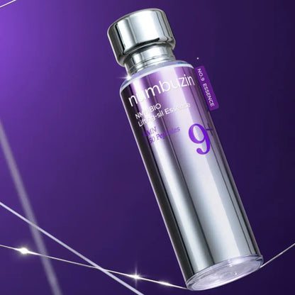 Silver-tinted glass bottle with metallic cap and purple label of numbuzin no9 nad plus bio lifting-sil essence for authentic k-beauty and korean skincare south africa