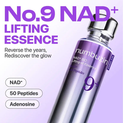 A sleek glass bottle with silver cap and purple label contains numbuzin no 9 nad+ bio lifting-sil essence 50ml for authentic k-beauty