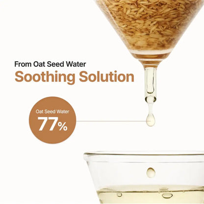 A clear glass dropper with golden-brown oat seed water drops into a bowl for oat-in calming gel cream