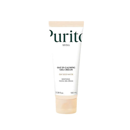 A sleek white purito seoul oat-in calming gel cream 100ml with beige cap featuring soothing oat seed water formula