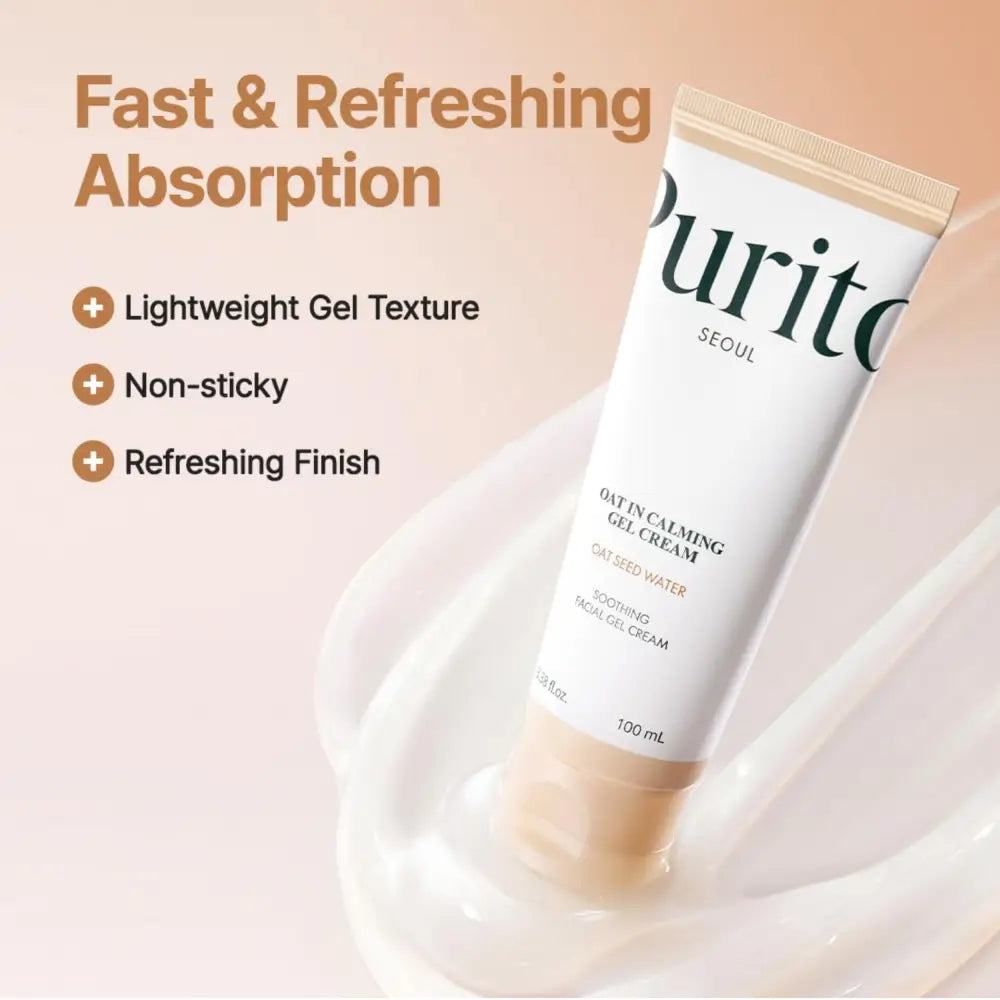 White tube of puritc seoul oat in calming gel cream with beige cap and gold foil accents from best korean skincare brands sa