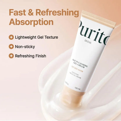 White tube of puritc seoul oat in calming gel cream with beige cap and gold foil accents from best korean skincare brands sa