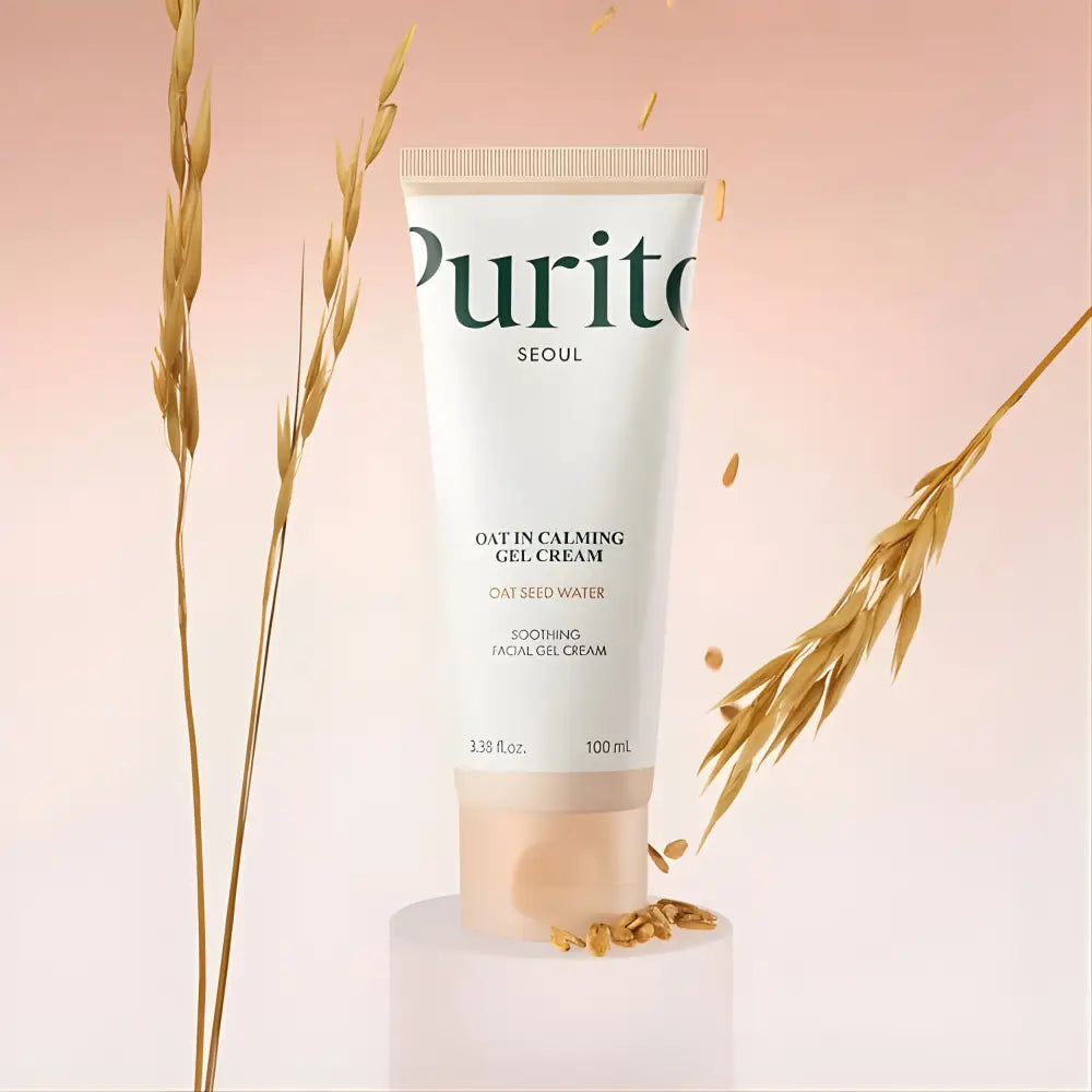 White tube of purito seoul oat in calming gel cream with beige cap and oat seed water formula from best korean skincare brands sa