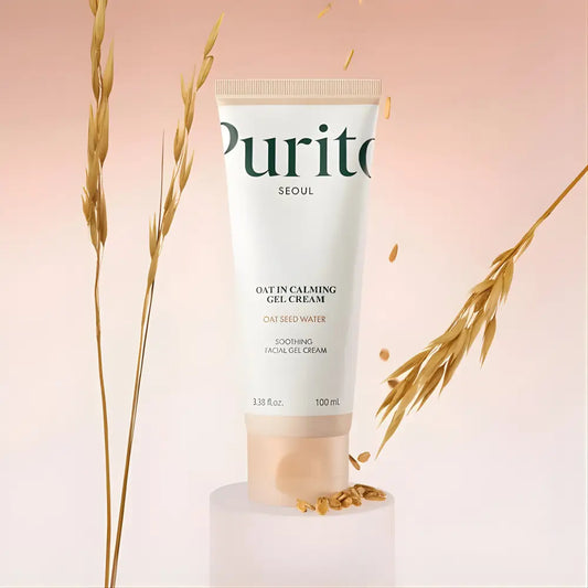 White tube of purito seoul oat in calming gel cream with beige cap and oat seed water formula from best korean skincare brands sa
