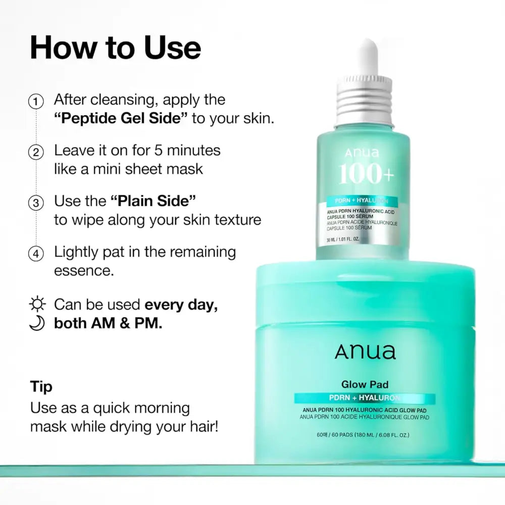 Teal anua pdrn 100 hyaluronic acid glow pad with serum bottle and white dropper cap for authentic k-beauty glow pad use