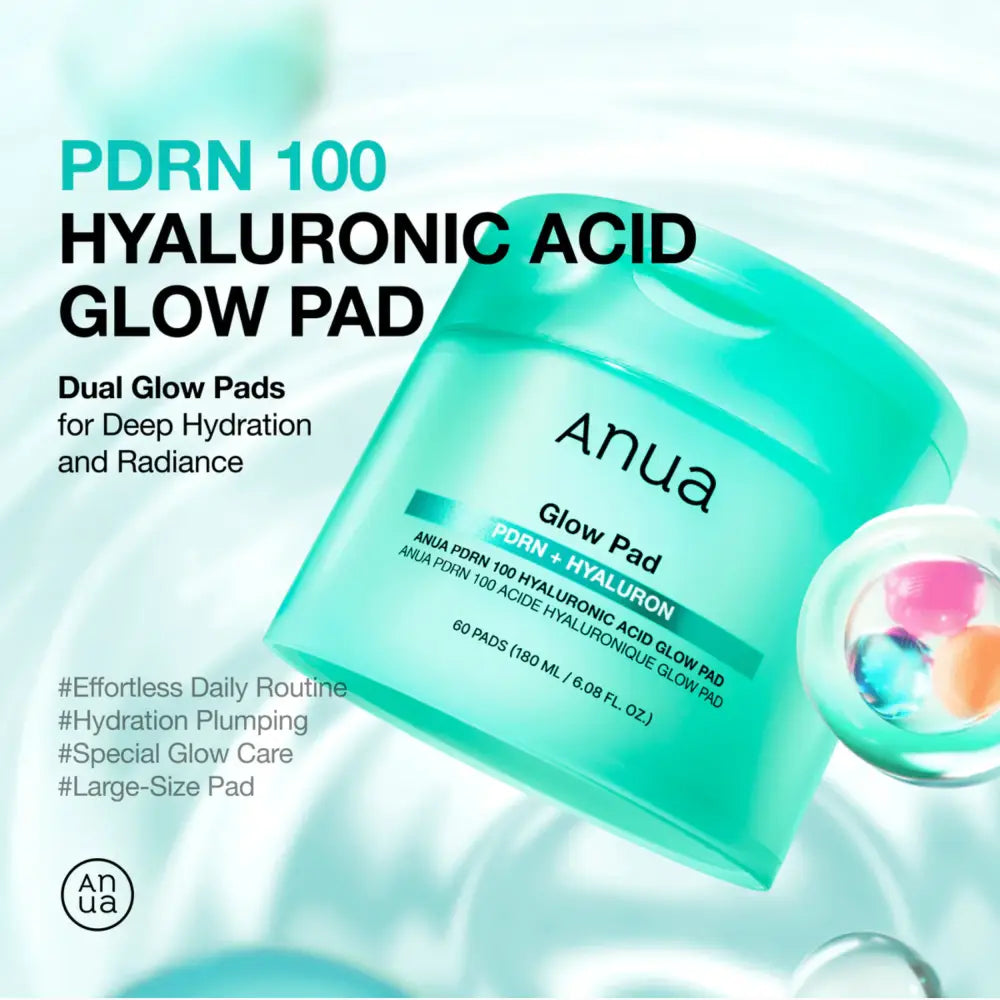 Teal plastic container of anua pdrn 100 hyaluronic acid glow pad with clear lid showcasing authentic k-beauty korean skincare south africa
