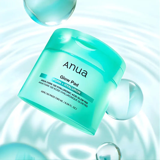 A translucent turquoise pdrn 100 hyaluronic acid glow pad container with black text and green accent for authentic k-beauty