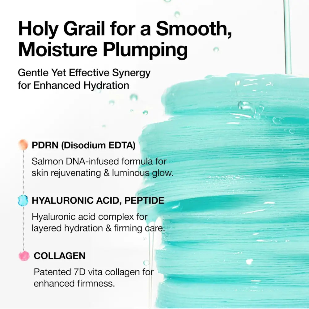 A translucent turquoise gel with smooth layered texture and droplets from the pdrn 100 hyaluronic acid glow pad authentic k-beauty