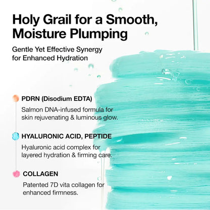 A translucent turquoise gel with smooth layered texture and droplets from the pdrn 100 hyaluronic acid glow pad authentic k-beauty