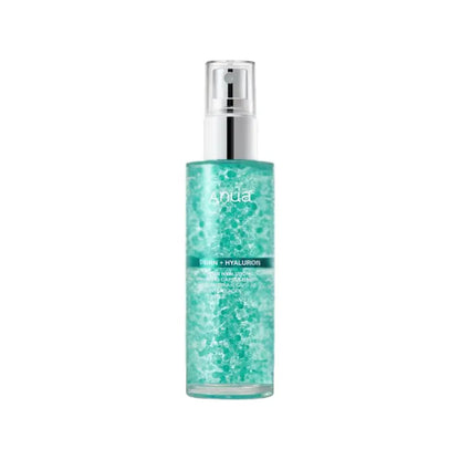 A clear glass bottle with silver spray nozzle filled with turquoise gel and capsules labeled anua corn hyaluron pdrn collagen glow serum spray