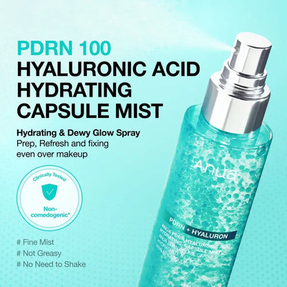 Clear glass bottle with silver spray nozzle filled with turquoise gel bubbles of pdrn collagen glow serum spray 100ml