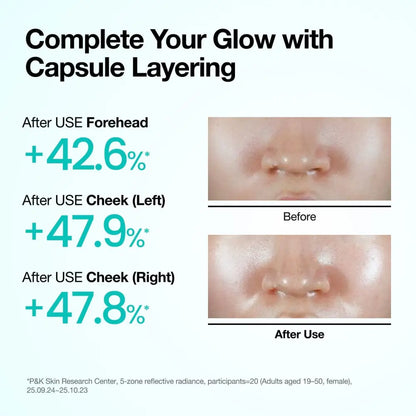 Pdrn collagen glow facial serum spray 100ml showing before and after results with up to 47.9 percent radiance improvement