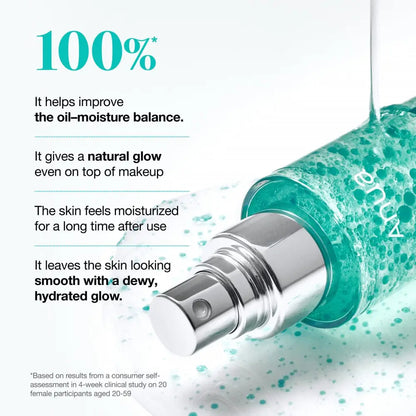 A sleek transparent green bottle with silver spray nozzle of anua pdrn collagen glow serum spray 100ml