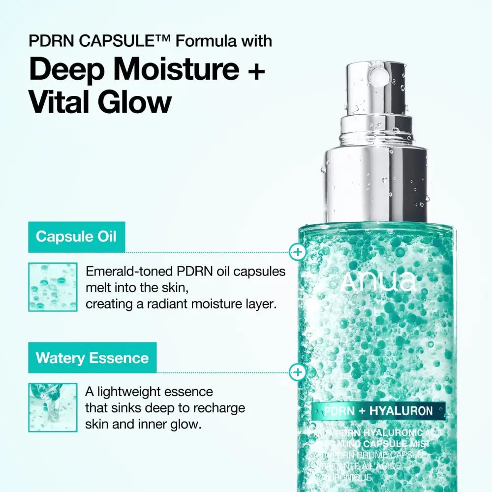 A sleek transparent bottle with silver spray nozzle containing anua pdrn collagen glow serum spray in emerald tone