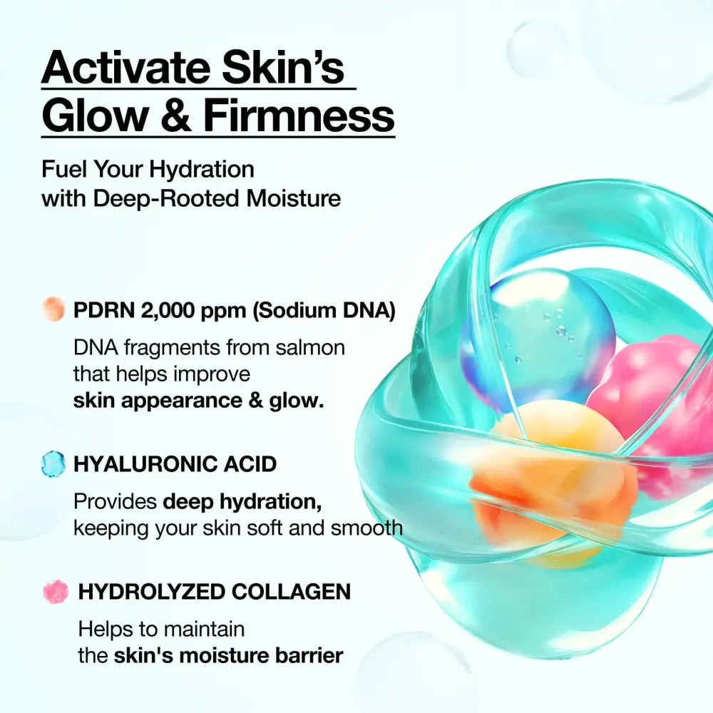 A translucent turquoise spherical container holding colorful glossy spheres representing skincare ingredients for pdrn collagen glow serum spray